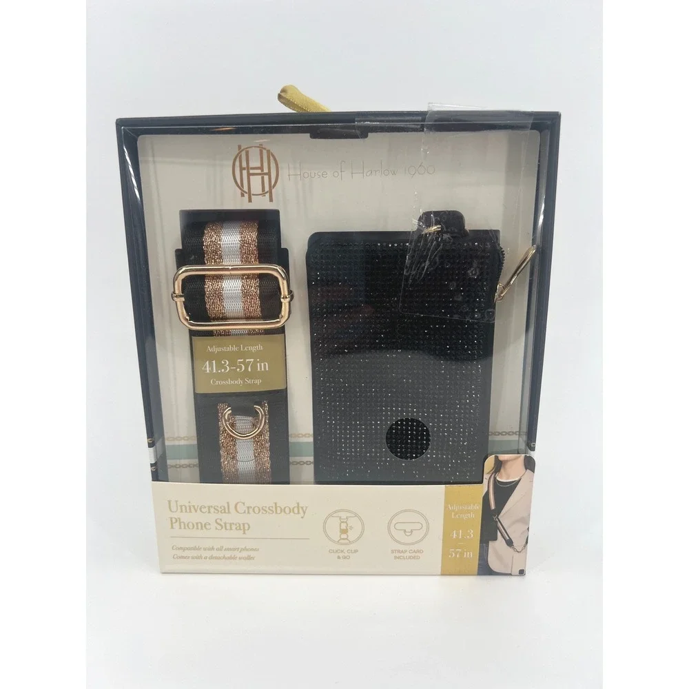 House of Harlow 1960 Universal Crossbody Phone Strap w/ Wallet Black Gold NWT - Picture 1 of 6